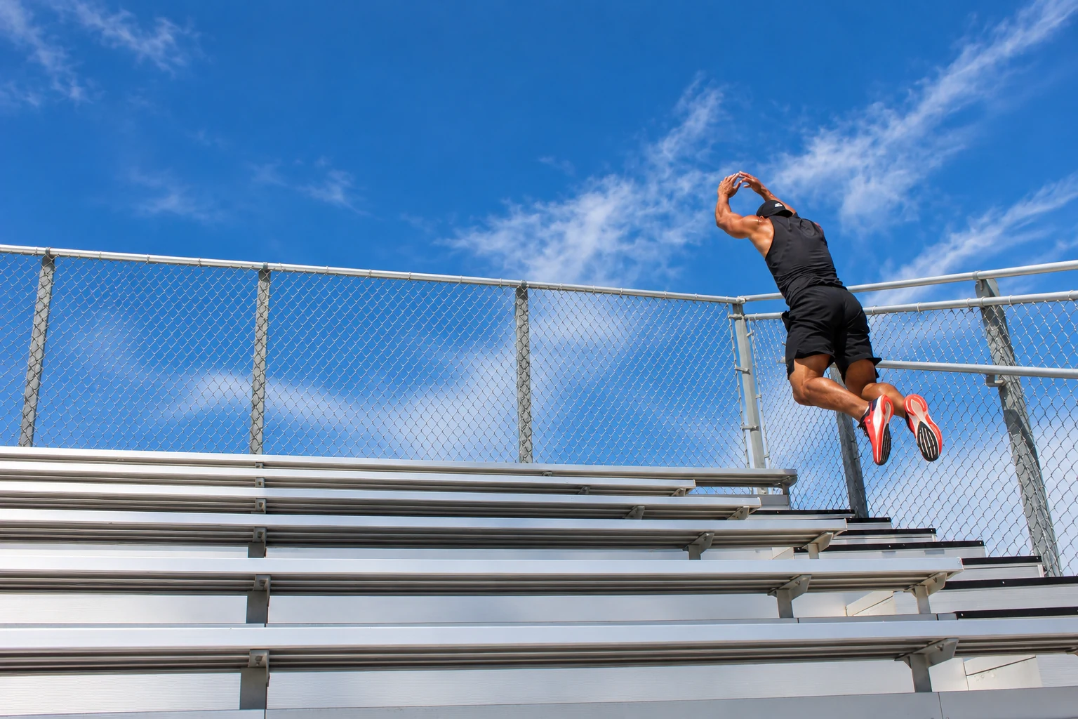 Davidson jumping above stadium bleachers