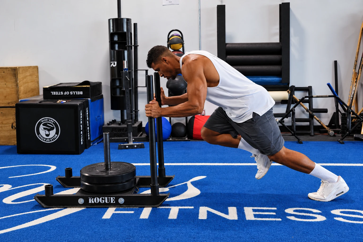 Davidson pushing a training sled in a gym