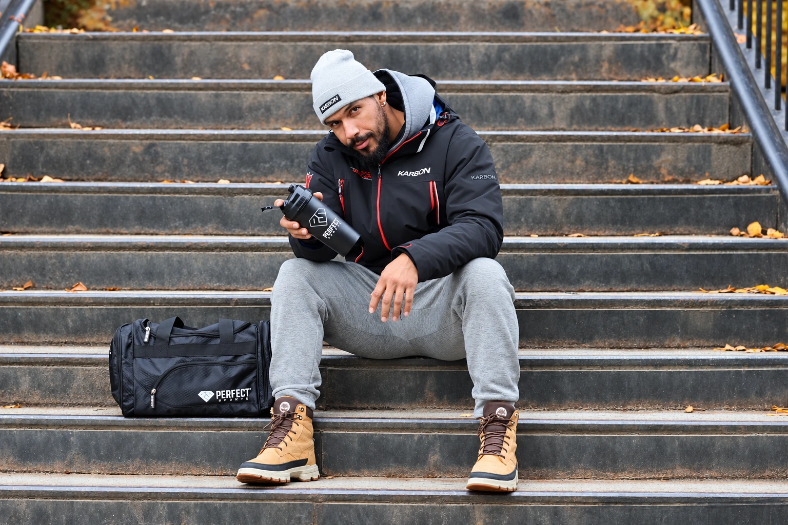 Davidson on stone steps with Perfect Sports products