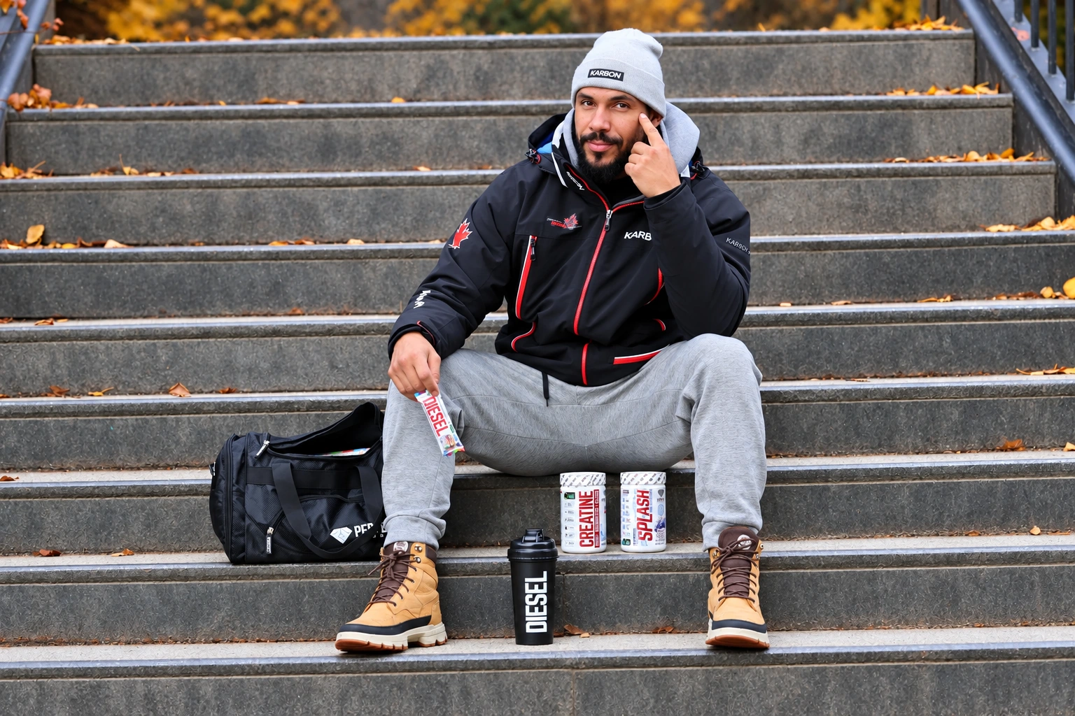 Davidson seated on stone steps with sports products