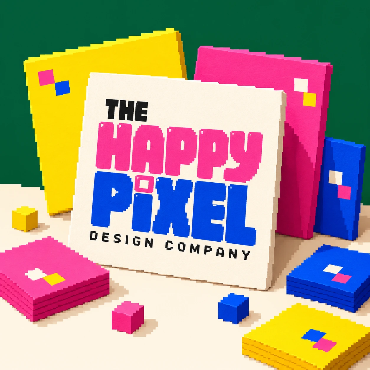 Pixel-art Happy Pixel gumball machine with colourful gumballs and chewing gum beside it